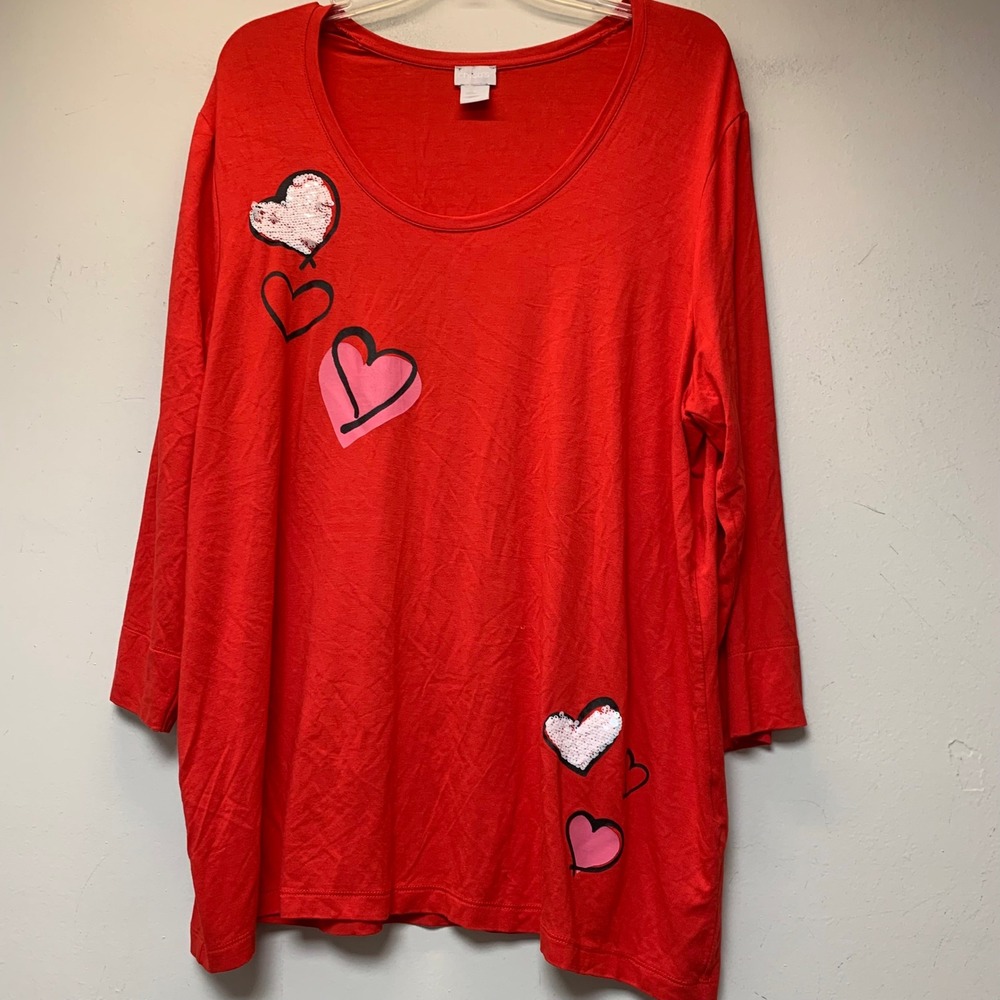 Chico's Heart Sequin Tunic Top Women Size 4 XXL Red Excellent 3/4 Sleeve Knit